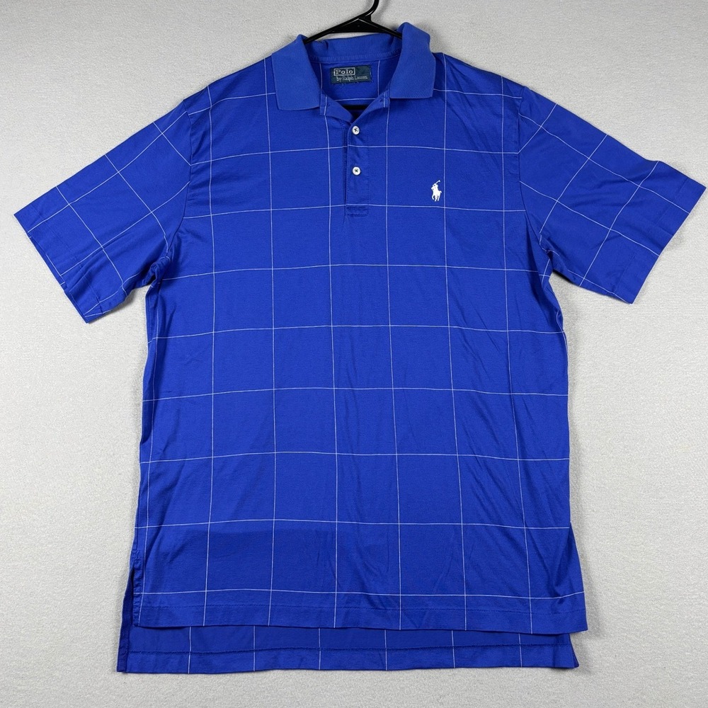 Polo Ralph Lauren Windowpane Check Polo Shirt Mens L Blue Short Sleeve